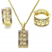 Gold Filled Earring and Pendant Set Elephant Design With Multicolor Cubic Zirconia Polished Finish Golden Tone