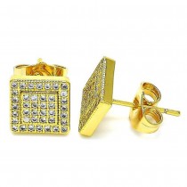 Gold Finish Stud Earring with White Micro Pave Polished Golden Tone