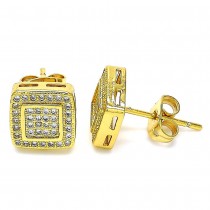 Gold Finish Stud Earring with White Micro Pave Polished Golden Tone Polished Golden Tone