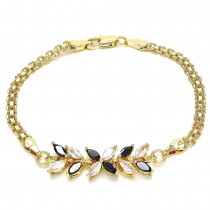Gold Filled Fancy Bracelet Flower and Leaf Design with Black and White Cubic Zirconia Polished Golden Tone