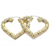 Gold Filled Medium Hoop Earrings Heart and Bamboo Design Golden Tone 75mm