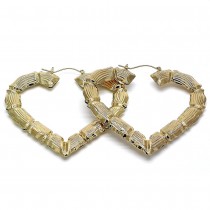 Gold Filled 85mm Medium Hoop Earrings Heart and Bamboo Design Golden Tone