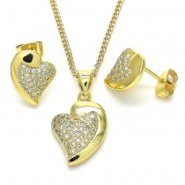 Gold Finish Earring and Pendant Set Heart Design with White Micro Pave Polished Golden Tone