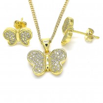 Gold Filled Earring and Pendant Set Butterfly Design with White Micro Pave Polished Golden Finish