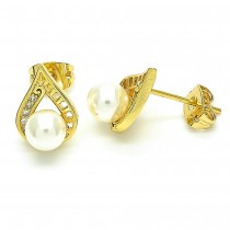 Gold Filled Stud Earrings With White Cubic Zirconia and Ivory Pearl Polished Finish Golden Tone