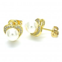 Gold Filled Stud Earring Heart and Ball Design With White Cubic Zirconia and Ivory Pearl Polished Finish Golden Tone