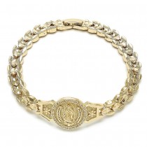 Gold Filled Fancy Bracelet Guadalupe and Flower Design With White Cubic Zirconia Diamond Cutting Finish Golden Tone