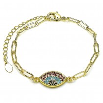 Gold Filled Fancy Bracelet Greek Eye and Paperclip Design With Multicolor Micro Pave Polished Finish Golden Tone