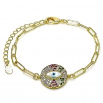 Gold Filled Fancy Bracelet Greek Eye and Paperclip Design With Multicolor Micro Pave and White Mother of Pearl Polished Finish Golden Tone
