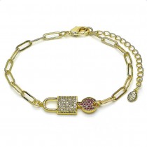 Gold Filled Fancy Bracelet Lock and Paperclip Design With Ruby and White Micro Pave Polished Finish Golden Tone