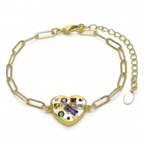 Gold Filled Fancy Bracelet Heart and Paperclip Design With Multicolor Cubic Zirconia Polished Finish Golden Tone