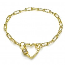Gold Filled Fancy Bracelet Paperclip and Heart Design With White Micro Pave Polished Finish Golden Tone