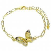 Gold Filled Fancy Bracelet Butterfly and Paperclip Design With Multicolor Micro Pave Polished Finish Golden Tone