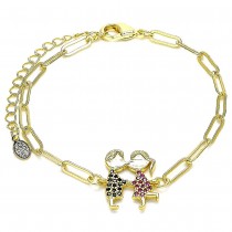 Gold Filled Fancy Bracelet Golden Tone Little Boy and Little Girl Design With Black and Ruby Micro Pave Polished Finish Golden Tone