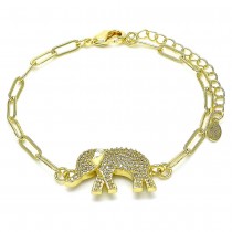 Gold Filled Fancy Bracelet Elephant and Paperclip Design With White Micro Pave Polished Finish Golden Tone