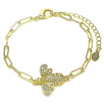 Gold Filled Fancy Bracelet Bee and Paperclip Design With White Micro Pave Polished Finish Golden Tone