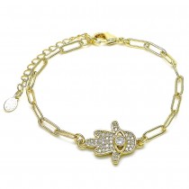 Gold Filled Fancy Bracelet Hand of God and Paperclip Design With White Micro Pave Polished Finish Golden Tone