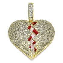 Gold Filled Fancy Pendant Broken Heart Design With White Micro Pave & Red Enamel Polished Finish Golden Tone
