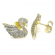 Gold Finish Stud Earring Swan Design with White Micro Pave Polished Golden Tone Polished Golden Tone