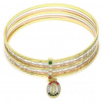 Gold Filled Semanario Bangle Guadalupe Design With Multicolor Crystal Diamond Cutting Finish Tri Tone (02 MM Thickness, Size 6 - 2.75 Diameter)
