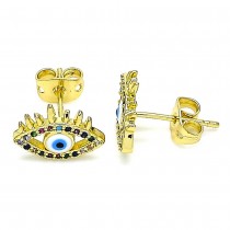Gold Filled Stud Earrings Greek Eye Design With Multicolor Micro Pave Blue Enamel Finish Golden Tone