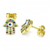 Gold Filled Stud Earring Enamel Finish Golden Tone Hand of God and Greek Eye Design With Multicolor Micro Pave Blue Enamel Finish Golden Tone