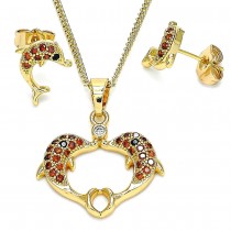 Gold Filled Earring and Pendant Adult Set Dolphin Design With Garnet and Black Micro Pave Polished Finish Golden Tone