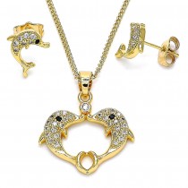 Gold Filled Earring and Pendant Adult Set Dolphin Design With White and Black Micro Pave Polished Finish Golden Tone
