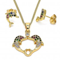 Gold Filled Earring and Pendant Set Dolphin Design With Multicolor Micro Pave and White Cubic Zirconia Polished Finish Golden Tone