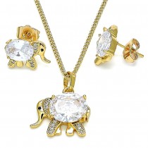 Gold Finish Earring and Pendant Set Elephant Design with White Cubic Zirconia and White Micro Pave Polished Golden Tone