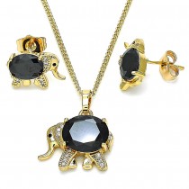 Gold Finish Earring and Pendant Set Elephant Design with Black Cubic Zirconia and White Micro Pave Polished Golden Tone
