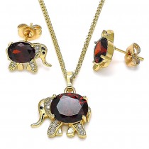 Gold Finish Earring and Pendant Set Elephant Design with Garnet Cubic Zirconia and White Micro Pave Polished Golden Tone