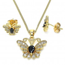 Gold Filled Earring and Pendant Adult Set Butterfly Design with Black Cubic Zirconia and White Micro Pave Polished Golden Tone