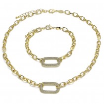 Gold Filled Necklace and Bracelet Set Paperclip Design With White Micro Pave Polished Finish Golden Tone