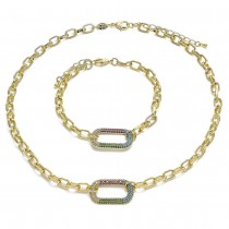 Gold Filled Necklace and Bracelet Set Paperclip Design With Multicolor Micro Pave Polished Finish Golden Tone
