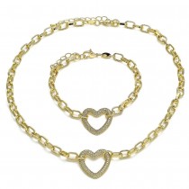 Gold Filled Necklace and Bracelet Set Paperclip and Heart Design With White Micro Pave Polished Finish Golden Tone