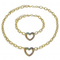 Gold Filled Necklace and Bracelet Paperclip and Heart Design With Multicolor Micro Pave Polished Finish Golden Tone