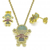 Gold Filled Earring and Pendant Set Little Girl Design with Multicolor Micro Pave Polished Golden Tone