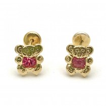 Gold Filled Stud Earrings Teddy Bear Design With Pink Cubic Zirconia Polished Finish Golden Tone