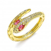 Gold Multi Stone Ring Snake Design With Ruby Cubic Zirconia and White Micro Pave Polished Finish Golden Tone (One size fits all)