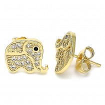 Gold Filled Elephant Design Stud Earrings With White and Black Micro Pave Polished Finish Golden Tone