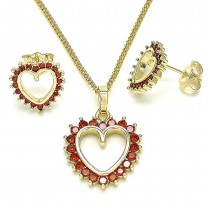Gold Filled Earring and Pendant Set Heart Design With Garnet Cubic Zirconia Polished Finish Golden Tone