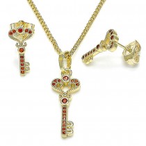 Gold Finish Earring and Pendant Set key Design with Garnet Micro Pave Polished Golden Tone