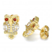 Gold Filled Stud Earring Owl Design With White Cubic Zirconia and White Micro Pave Polished Finish Golden Tone