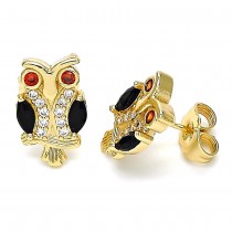 Gold Filled Stud Earring Owl Design With Black Cubic Zirconia and White Micro Pave Polished Finish Golden Tone
