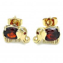 Gold Filled Elephant Design Stud Earrings With Garnet Cubic Zirconia and Garnet Micro Pave Polished Finish Golden Tone