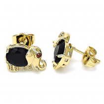 Gold Filled Elephant Design Stud Earrings With Black Cubic Zirconia and Garnet Micro Pave Polished Finish Golden Tone