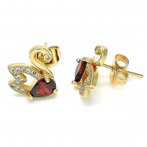 Gold Finish Stud Earring Swan Design with Garnet Cubic Zirconia and White Micro Pave Polished Golden Tone Polished Golden Tone