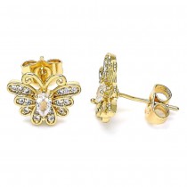 Gold Finish Stud Earring Butterfly Design with White Cubic Zirconia and White Micro Pave Polished Golden Tone