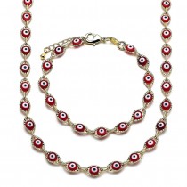 Gold Filled Necklace and Bracelet Greek Eye Design Red Enamel Finish Golden Tone